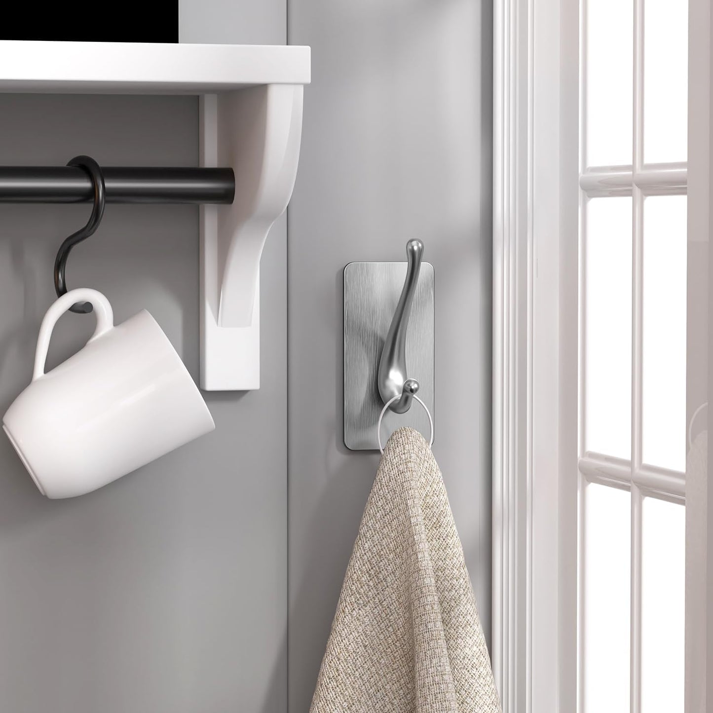 Towel Hooks, Solid Alloy Adhesive Wall Hooks for Hanging, Towel Hooks for Bathroom, RV, Kitchen, Closets, etc (Silver, 4 Pack)