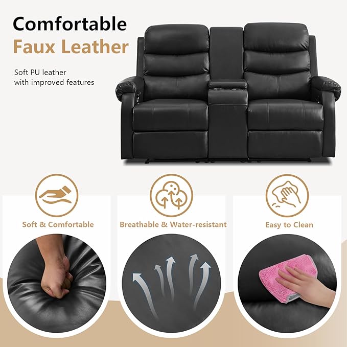 Loveseat Reclining Sofa, Home Theater Seating with Center Console, RV Recliner Sofa with Cup Holders and Pockets, Manual Double Seater Recliner for Living Room, Motor Home, Cinema(Black)