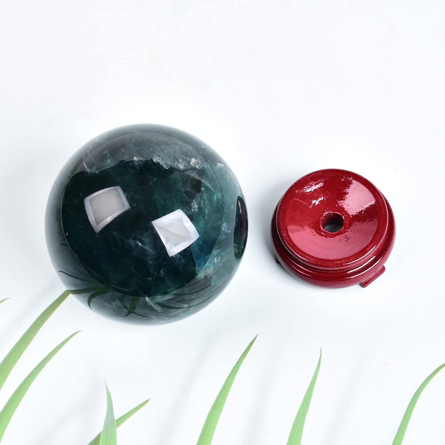 JIC Gem Small Natural Fluorite Crystal Ball Green Purple Quartz Healing Gemstone Sphere with Decorative Wooden Stand for Meditation,Home Decoration Christmas Day Gifts (60-70mm)