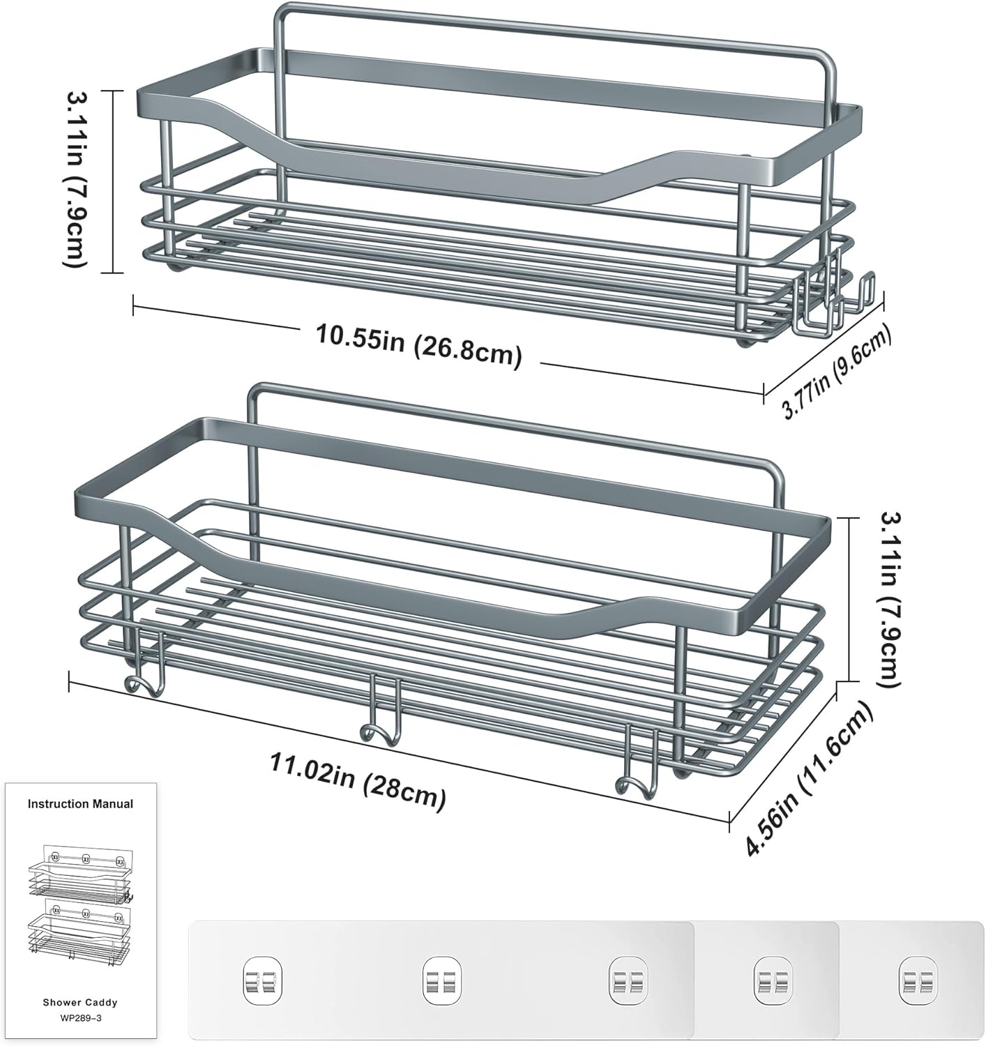 Orimade Shower Caddy Basket Shelf Storage Rack, No Drilling Wall Mounted Adhesive Rust Proof Stainless Steel Shower Organizer with 5 Hooks for Bathroom, Light Blue Grey 2 Pack