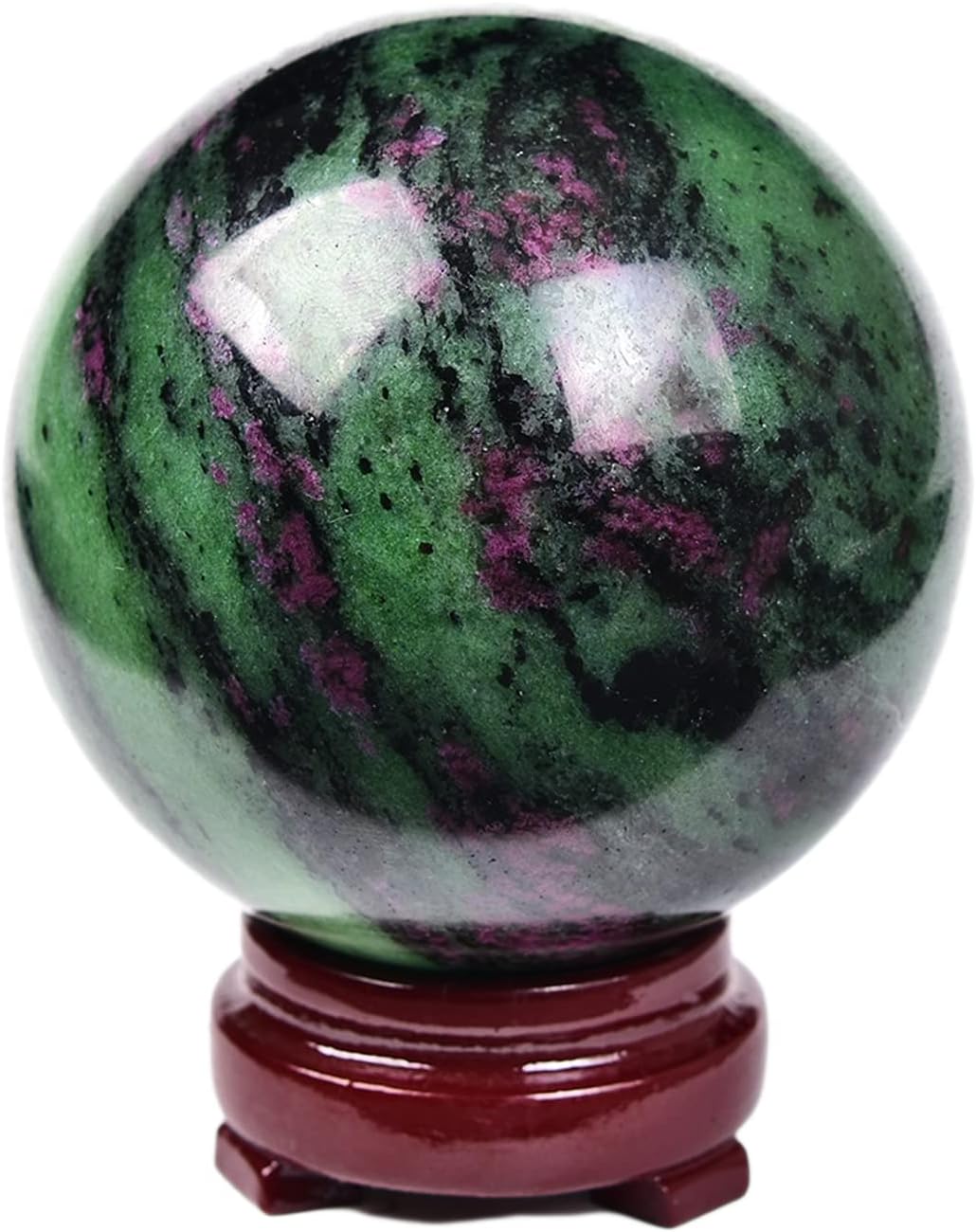 JIC Gem Crystal Sphere Ruby Zoisite Healing Ball With Wood Base - Red&Green Treasure Gemstone for Reiki Chakra Decor (70-80mm)