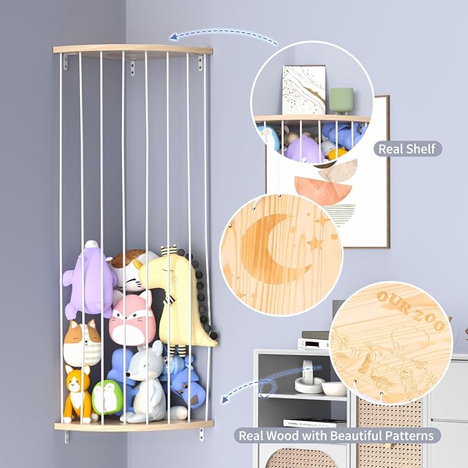 Stuffed Animal Storage & Toy Storage Organizer – Wooden Corner Hammock Shelf for Stuffed Animal Hammock Corner, Nursery, Playroom, Bedroom. Versatile Toy Organizer with Zoo Pattern
