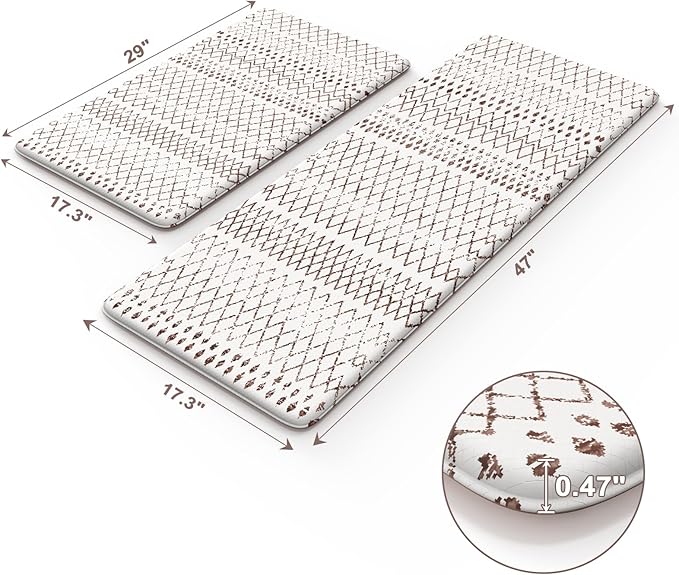KIMODE Kitchen Mats 2PCS,Cushioned Anti Fatigue Boho Kitchen Rugs and Mats,Non Slip Waterproof Kitchen Mats for Floor,Comfort Foam Standing Desk Mat for Home,Office,Sink,Laundry,Brown and White