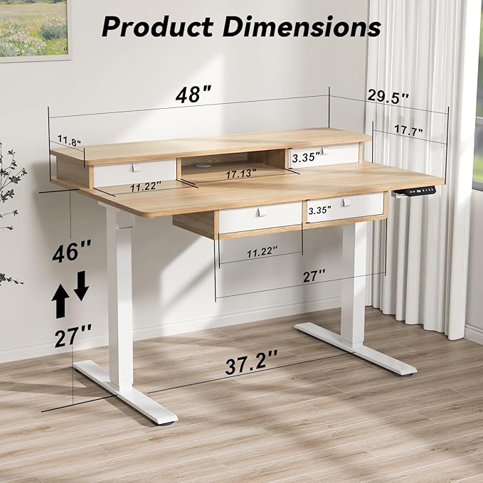 Adjustable Height Standing Desk with 4 Drawers,48 x 30 inches Electric Sit Stand Home Office Desk with Two Tiers, 3 Memory Presets, Monitor Stand Riser, USB A/C Charging Port