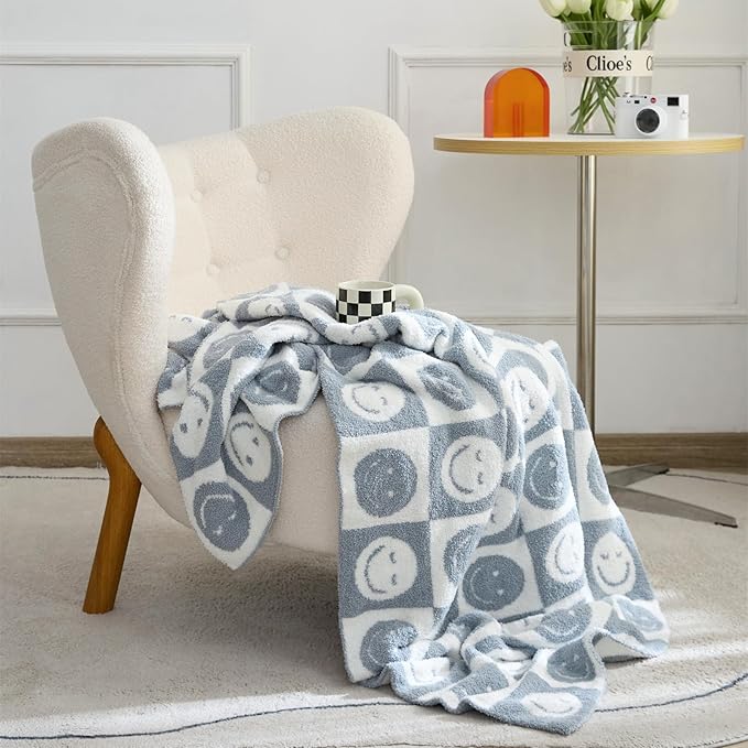 YIRUIO with Smiley Faces Checkerboard Throw Blankets Checkered Reversible Microfiber Super Soft Warm Cozy Fluffy Shaggy Blanket for Home Office Couch Bed Sofa Decor (Slate Gray)