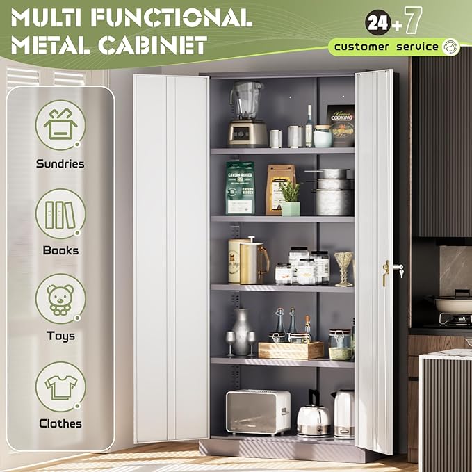 SUNCROWN 72" Metal Storage Cabinet - Heavy-Duty Metal Garage Cabinet with 4 Adjustable Shelves & 2 Doors for Tools, Office, Home, Workshop,Grey & White-Small