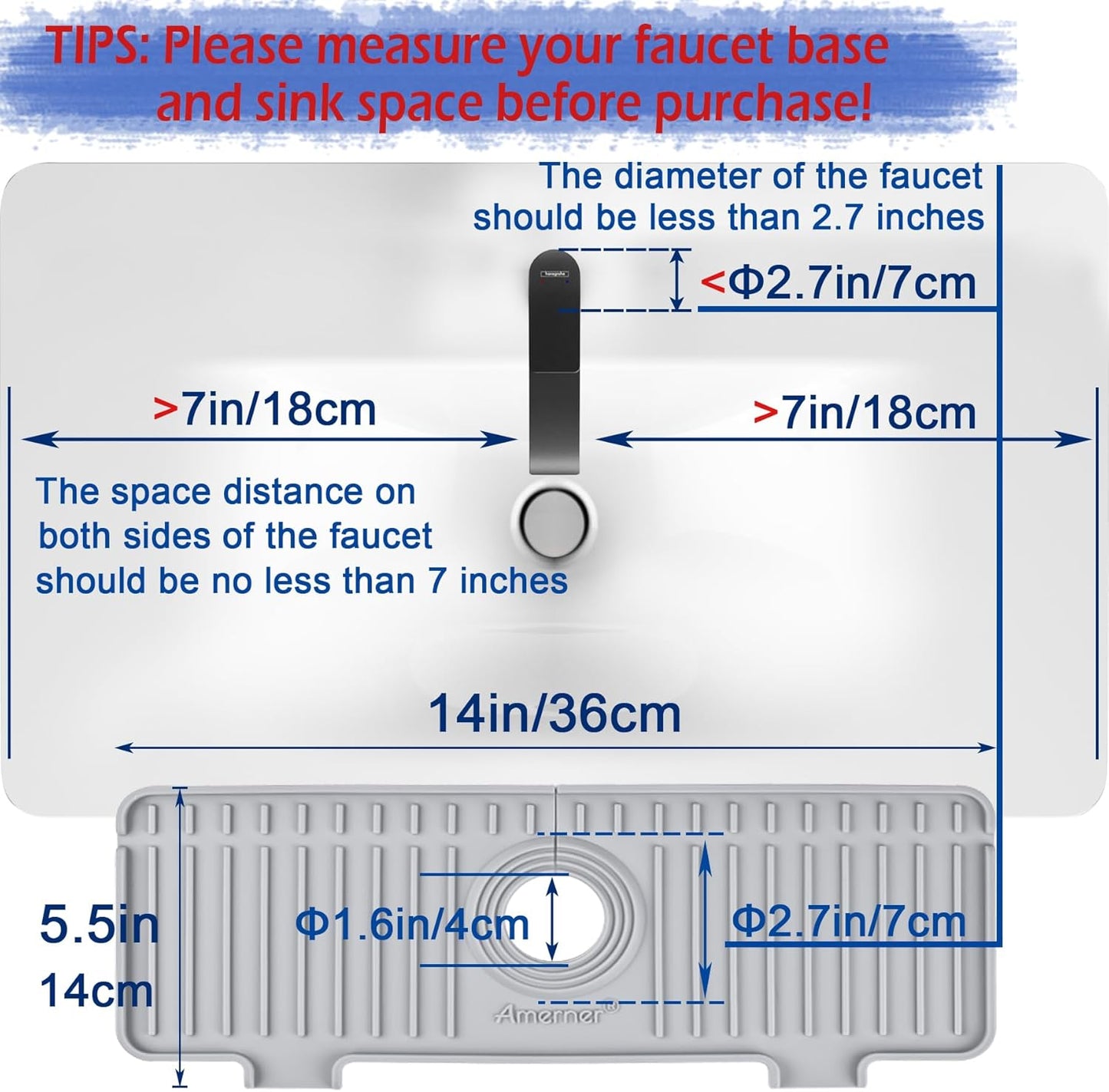 Kitchen Sink Splash Guard, Silicone Faucet Guard & Draining Mat, 10° Large Slope Sink Faucet Mat Splash Guard, Bathroom Sink Organizer, Kitchen Sink Accessories Gadgets, 14.2” x 5.1”, Gray