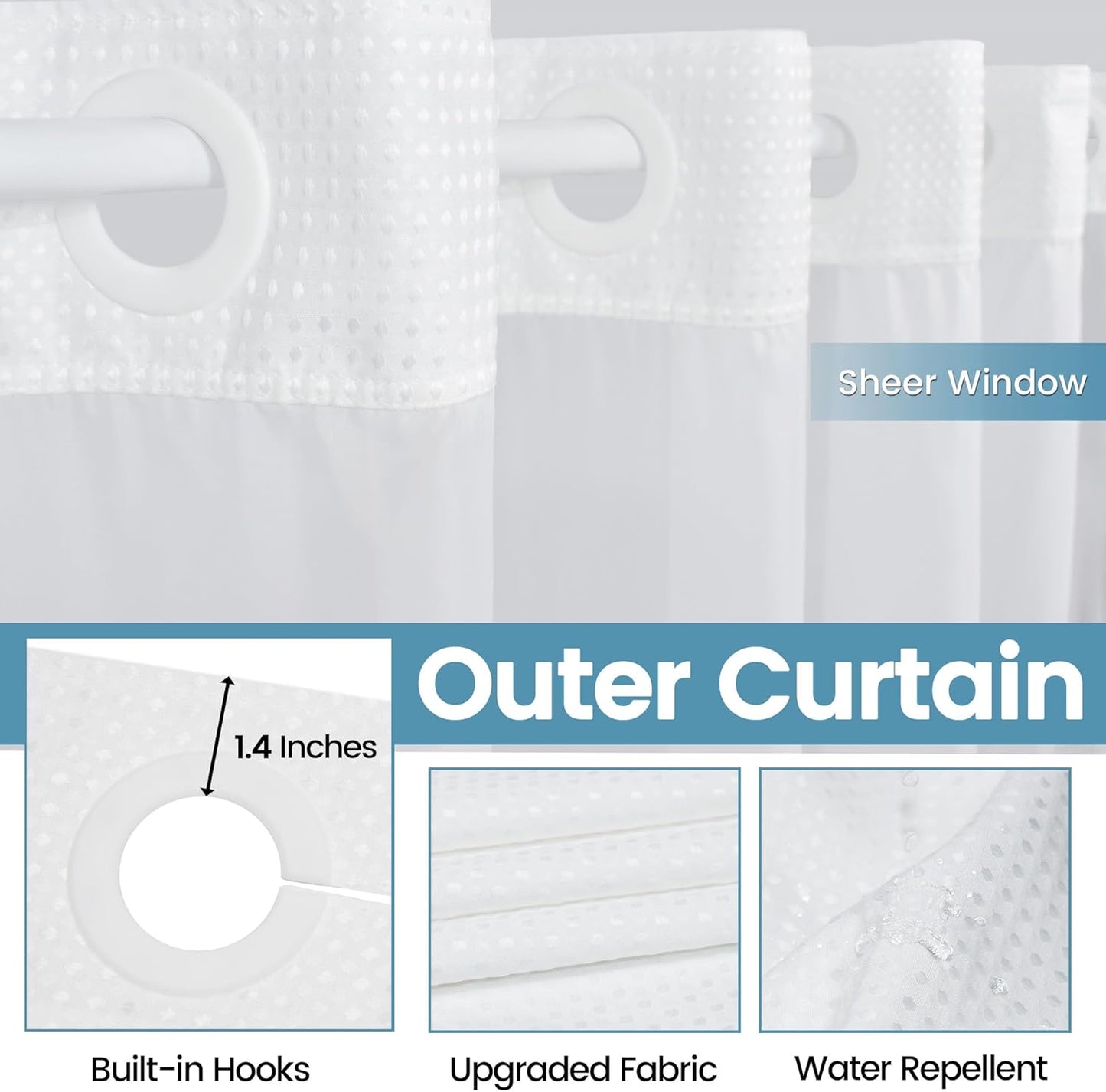 White No Hook Shower Curtain with Snap in Liner,230GSM Waffle Weave Shower Curtains for Bathroom,71W x 74H
