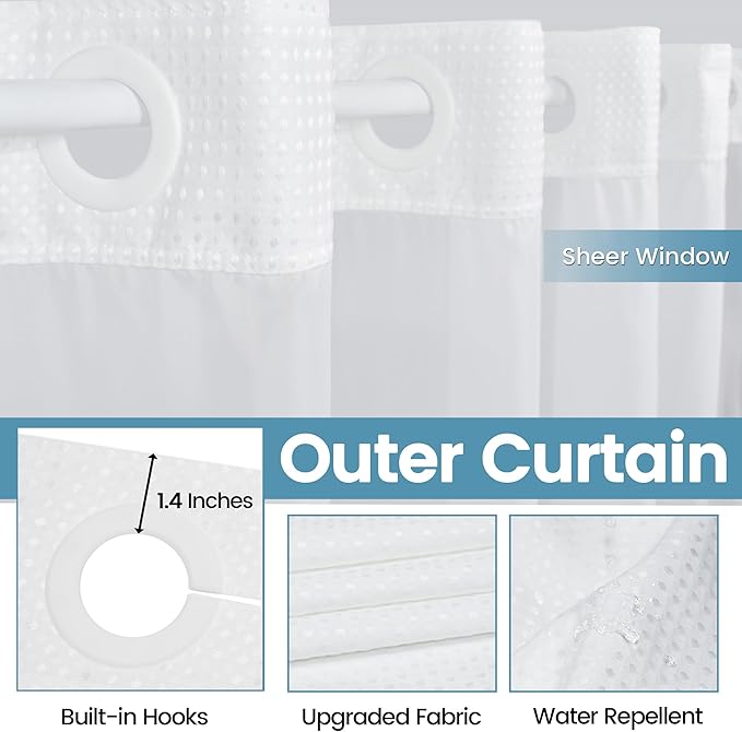 White Long No Hook Shower Curtain with Snap in Liner,230GSM Waffle Weave Shower Curtains for Bathroom,71W x 86H