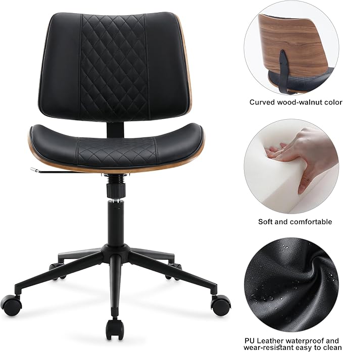 BV Small Desk Chair, Mid Century Office Chair with Bentwood Back, Armless Task Swivel Chair with Wheels, Mid Back No Arms, Faux Leather Office Chairs for Small Space, Black