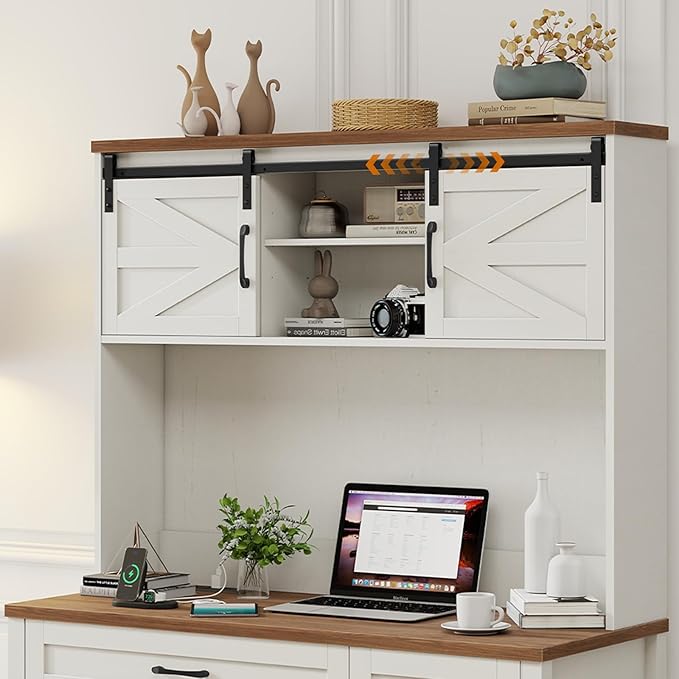 Farmhouse 47" Executive Desk, Computer Desk with Drawers and Storage Cabinet, Home Office Desks with Hutch and Charging Station, Workspace for Work & Study (Unique White).