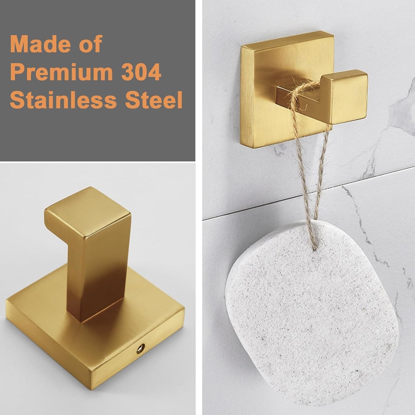 Nolimas Bathroom Towel Hook SUS304 Stainless Steel Square Clothes Coat Robe Hooks Cabinet Closet Door Sponges Hanger for Bath Kitchen Garage, Heavy Duty Wall Mounted, Gold Finish, 2pack