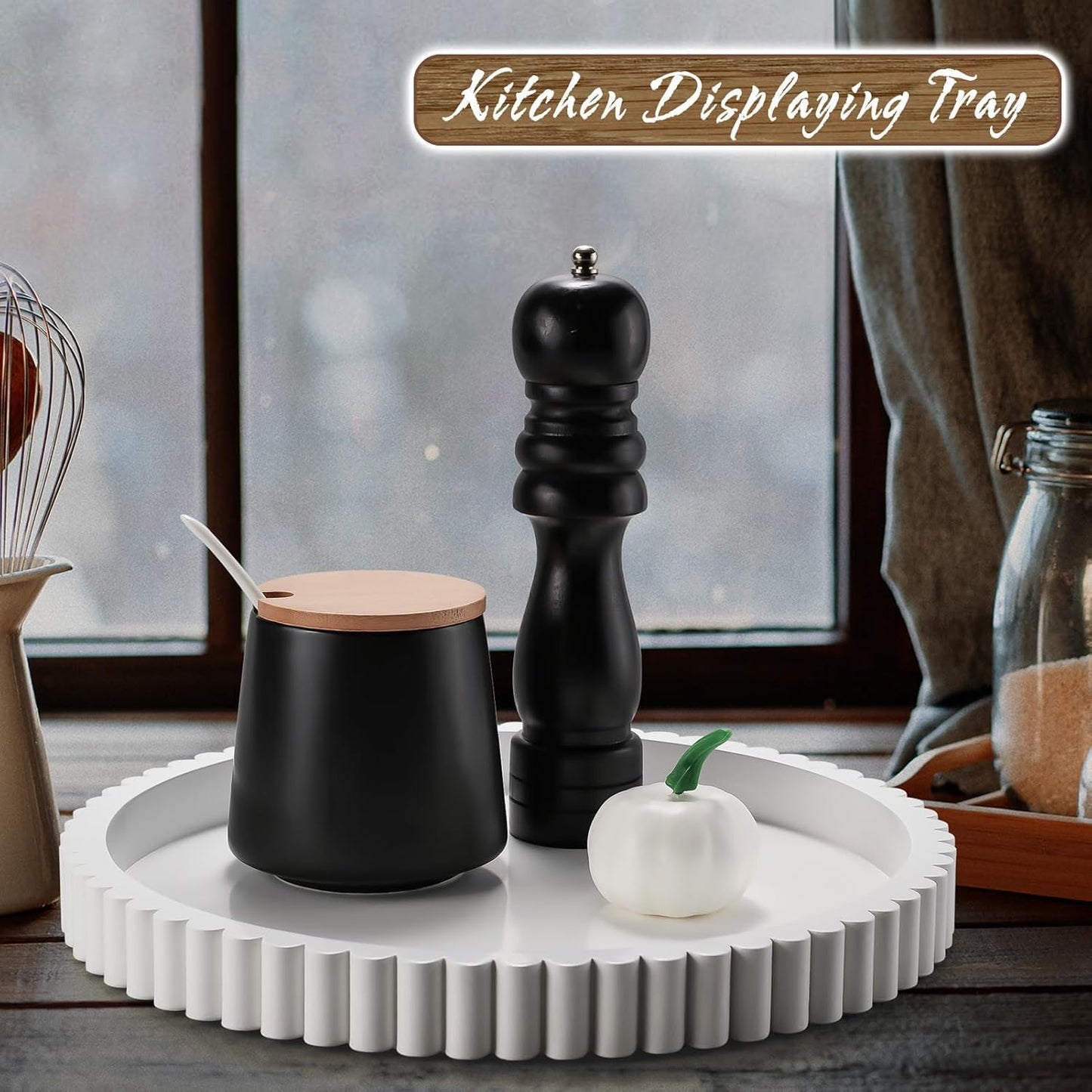 Handmade 12in Decorative Tray for Coffee Table Tray Decor, White Wooden Decorative Round Tray for for Coffee Table, Dining Room Table Entryway and Living Room Table