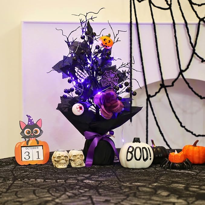 18 Inch Halloween Table Tree, LED Lighted Artificial Tree with Pumpkin,Spider, Black Berries,Halloween Centerpiece for Table, Holiday Party Home Decor