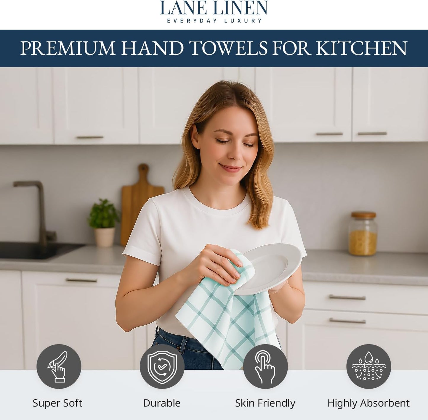 LANE LINEN Cotton Kitchen Towels and Dish Cloths Set, 6-Pack – Absorbent, Quick-Drying Dish Towel, 18" x 28", Soft, Premium Hand and Tea Towels - Aqua