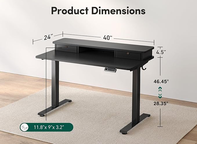FEZIBO 40 x 24 Inch Height Adjustable Electric Standing Desk with Double Drawer, Computer Desk, Home Office Stand Up Table with 4 Height-Adjustable Feets & 2 Hooks, Black