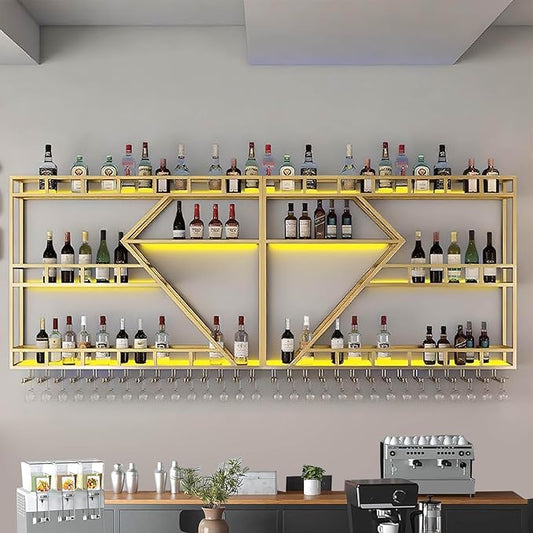 Wall Mounted Wine Rack, Large Metal Wine Bottle Holder, Modern Fashion Diamond Shaped Floating Bar Unit Wine Storage Shelves, for Home Restaurant Bars Decor (Gold, 3 Tier - 63in)