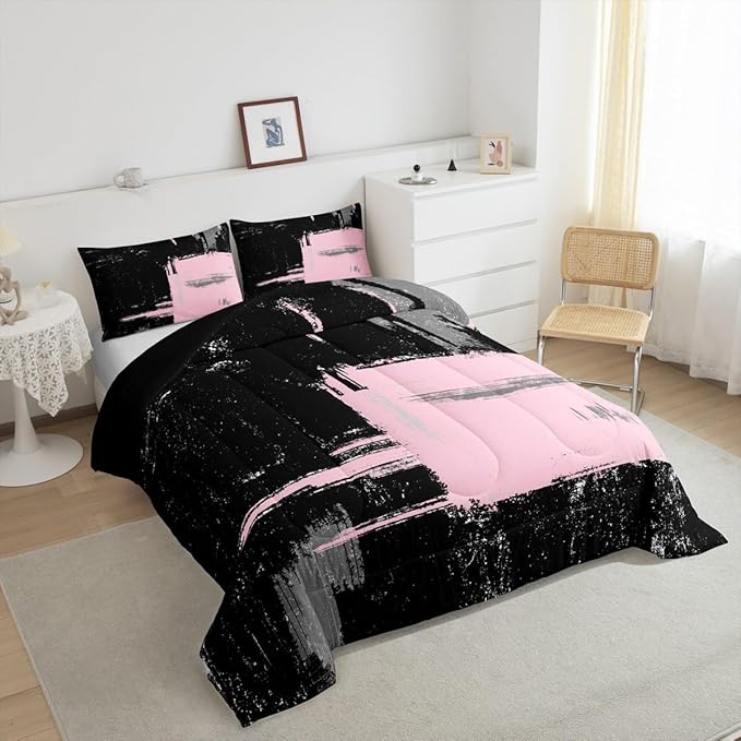 Pink Black Abstract Duvet Quilt Queen Size Geometric Bedding Set for Kids Boys Girls Decor Modern Art Comforter Set Breathable Soft Lightweight Microfiber Buffalo Check Bedroom Decor Bedclothes