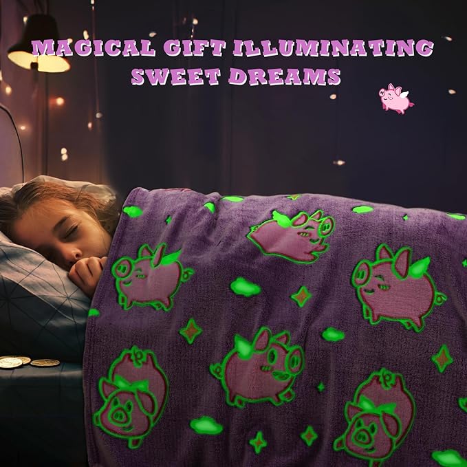 Pig Blanket Glow in The Dark Cute Pink Pig Throw Blanket for Girls Kids Pig Decor Birthday Gifts for Girls Soft Fleece Animal Blanket for Kids Christmas
