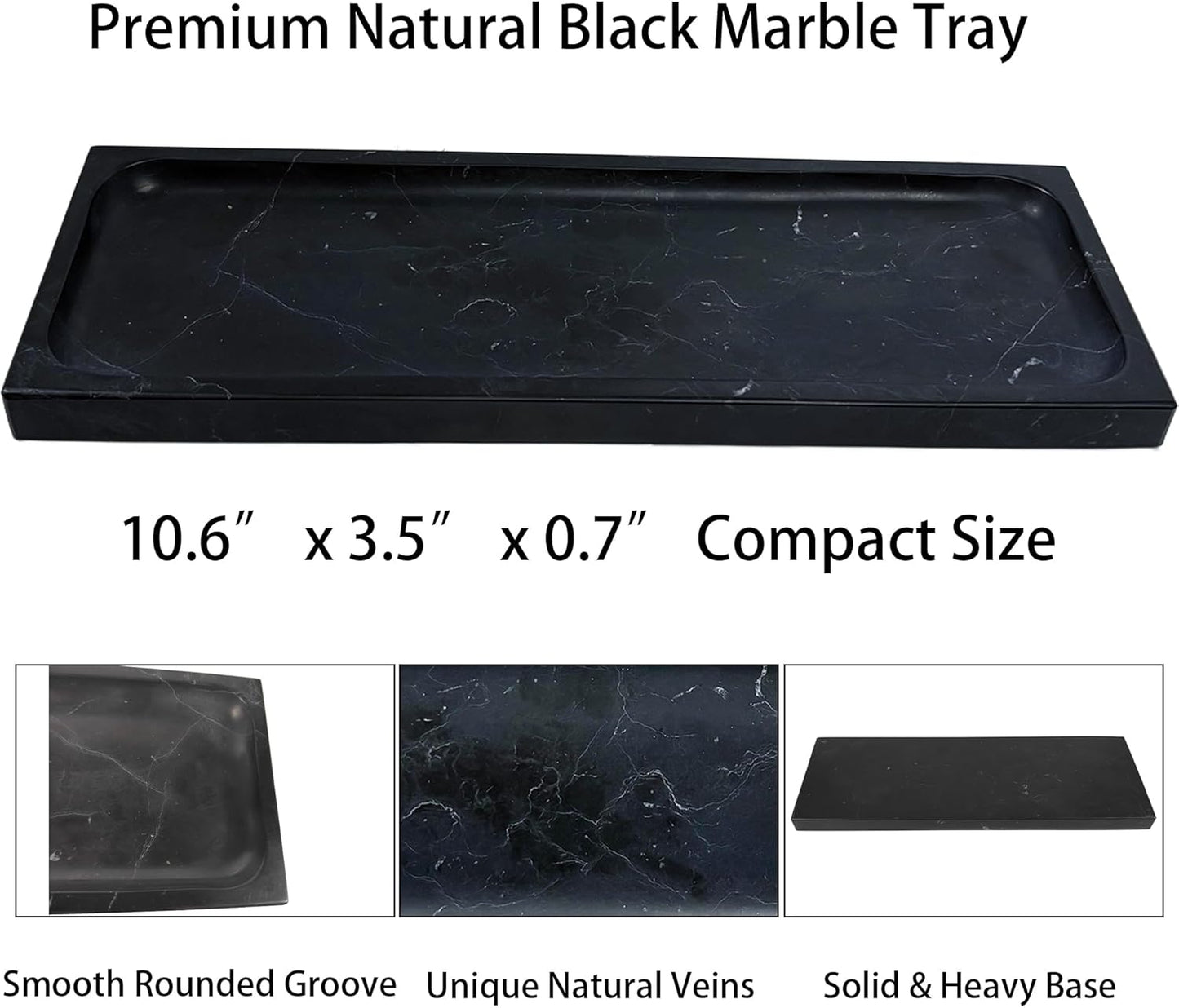 Black Marble Tray for Bathroom Countertop - Rectangular Vanity Organizer, Natural Stone Catchall Tray for Dresser, Entryway, Makeup, Jewelry | 10.6" x 3.5", Polished Finish