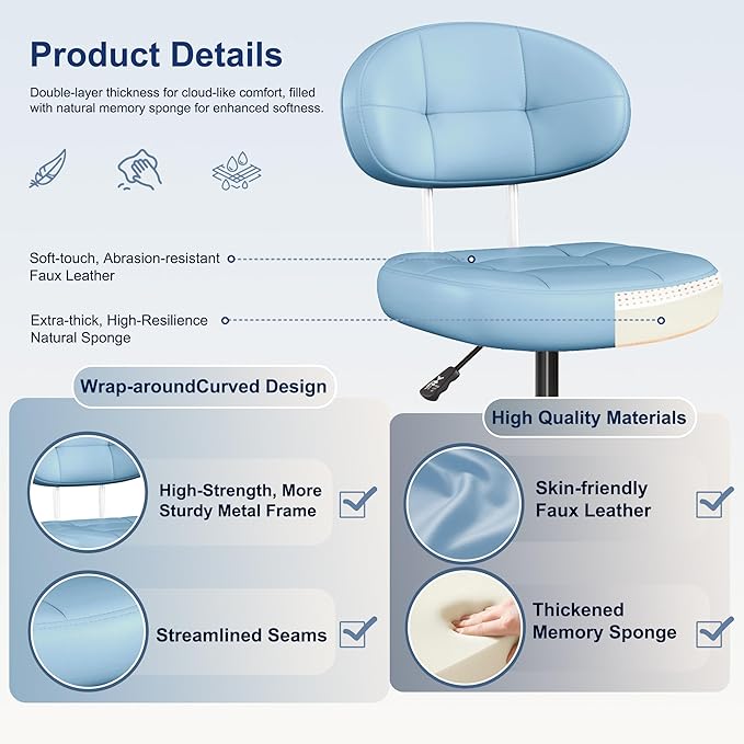 Misolant Vanity Chair with Back, Small Armless Cute Office Chair with Wheels and Lumbar Support, Comfy PU Leather Desk Computer Chairs with Adjustable Height, 360°Swivel for Home Bedroom Office, Blue