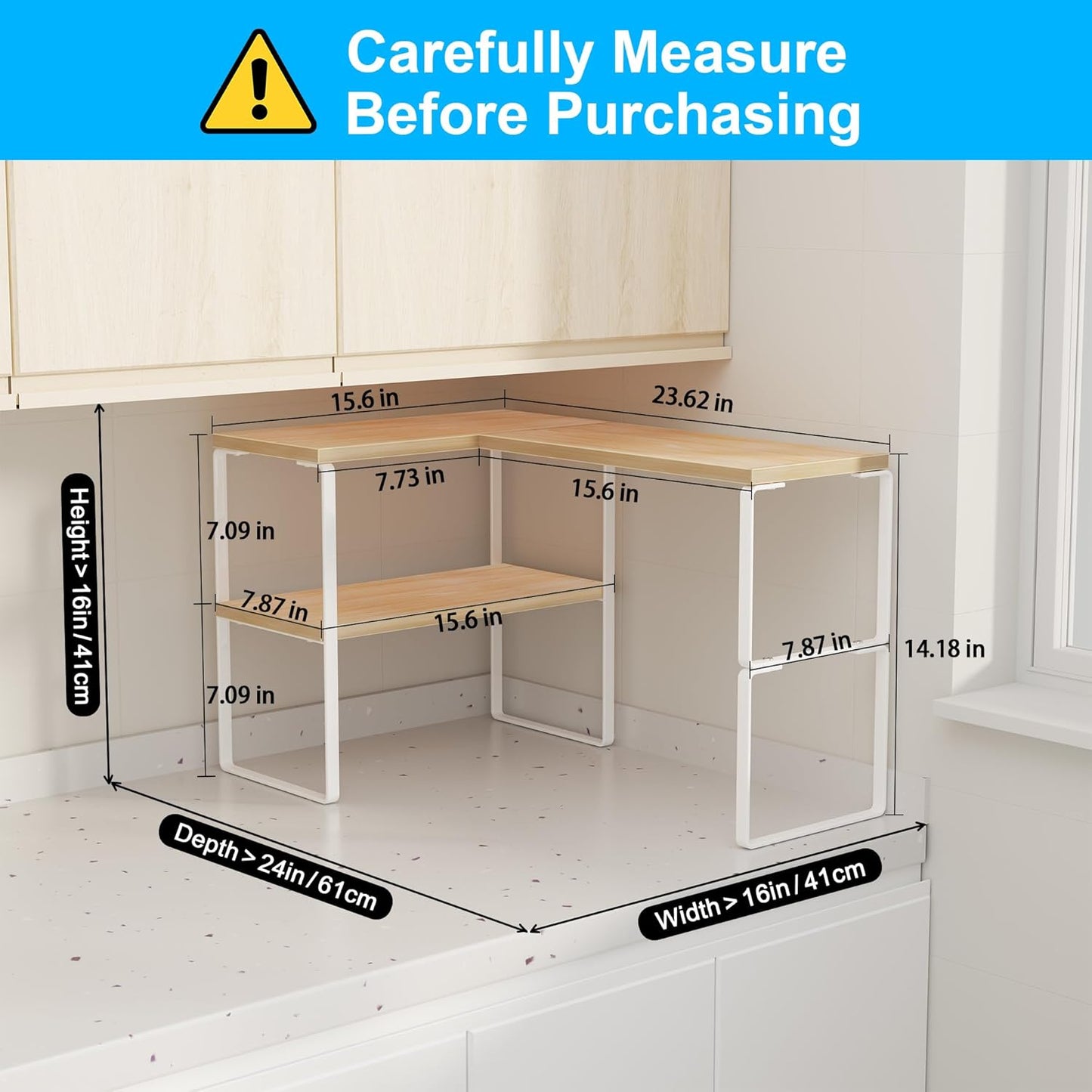 Golener Countertop Organizer Corner Shelf, 2 Tier Adjustable Stackable Corner Shelves for Kitchen, Bathroom, Spice Rack, Coffee Bar, Over Sink, Dresser Table, Corner Counter Shelf Stand, Natural Beige