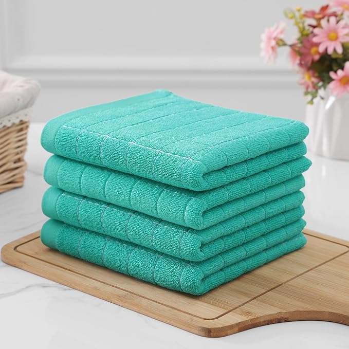Homaxy 100% Cotton Terry Kitchen Towels(Turquoise, 13 x 28 inches), Checkered Designed, Soft and Super Absorbent Dish Towels, 8 Pack