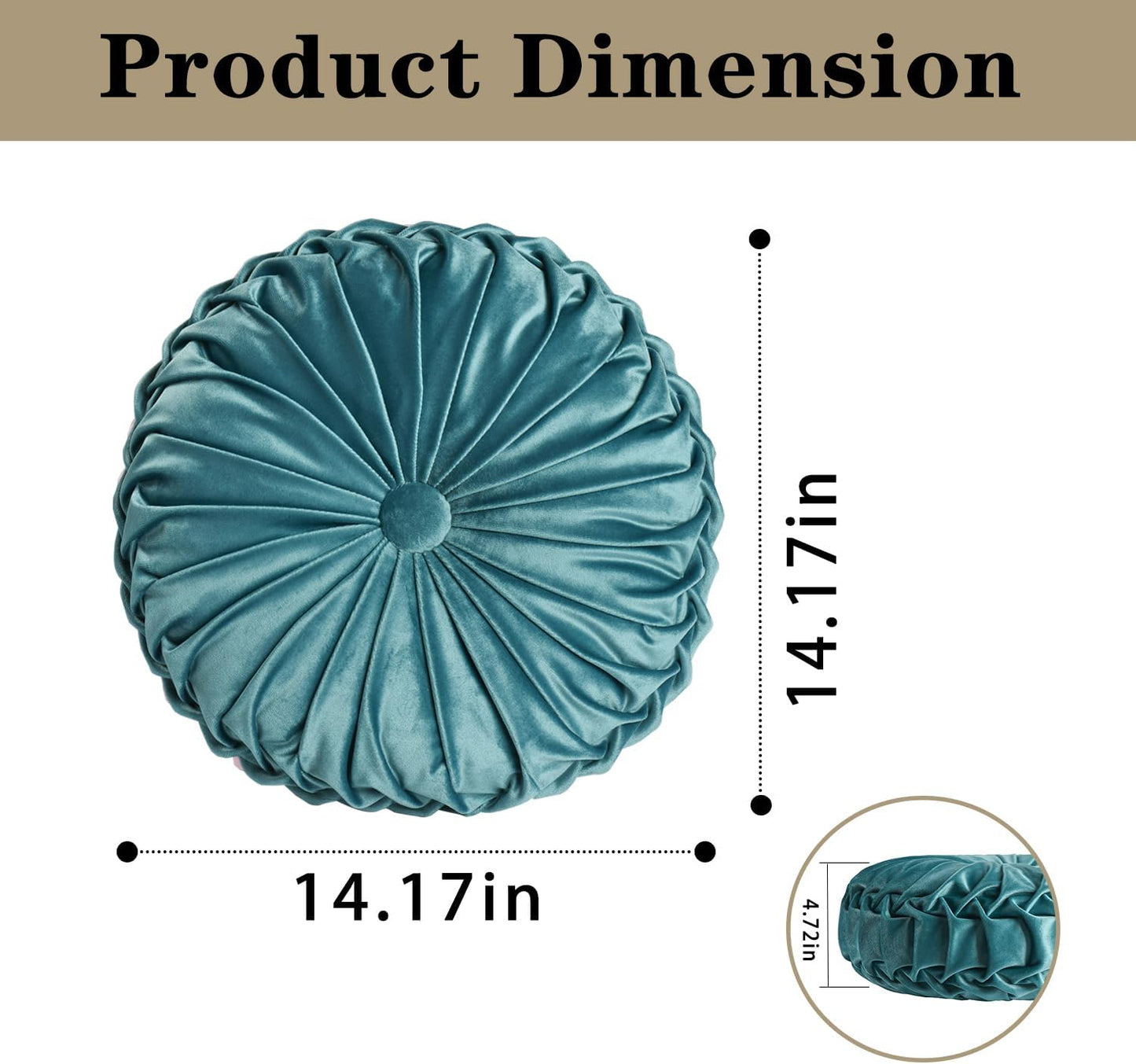 HIG Set of 2 Teal Ruched Velvet Round Throw Pillows – 14.5’’ Decorative Pillows with Soft Polyester Filling for Couch, Bed, Living Room, Bedroom, or Dorm – Handmade, Stress Relieving, All-Season