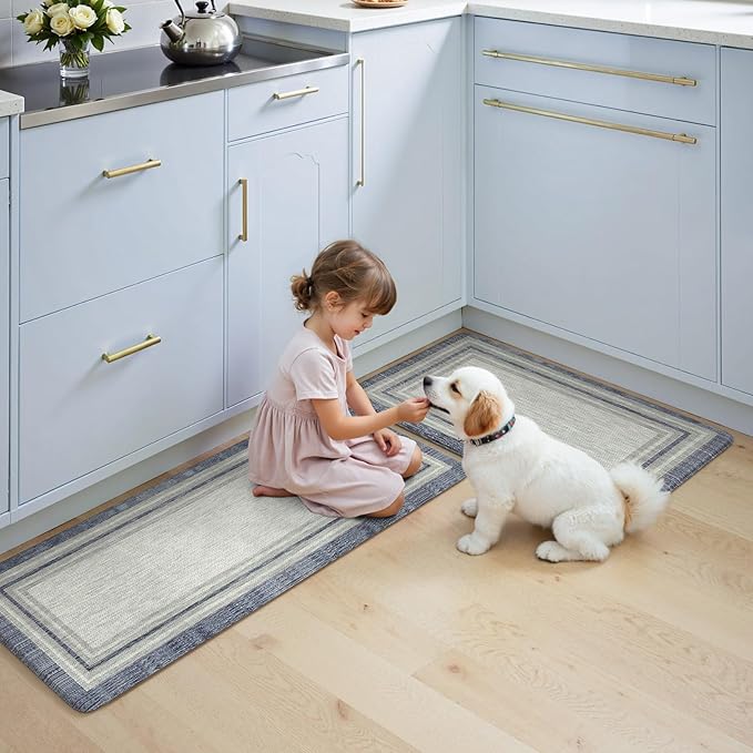 KIMODE Anti Fatigue Kitchen Mats 2PCS, Non-Slip Waterproof Kitchen Rugs, Cushioned Kitchen Mat for Floor, Comfort Standing Mat for Sink, Laundry, Office, Desk Blue and Grey 20"x47"+20"x32"