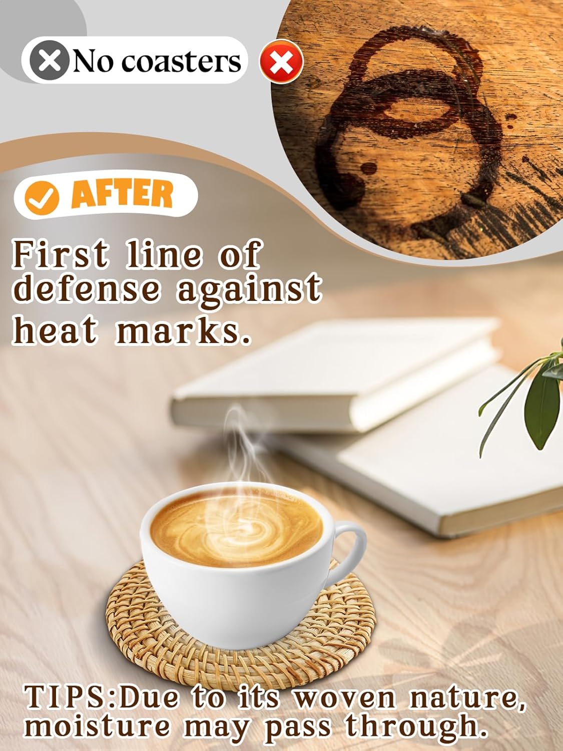 6pcs Natural Handmade Rattan Coasters with Holder - Wicker Drink Coasters Set for Protecting Table, Housewarming Gifts Boho Fall Home Decor