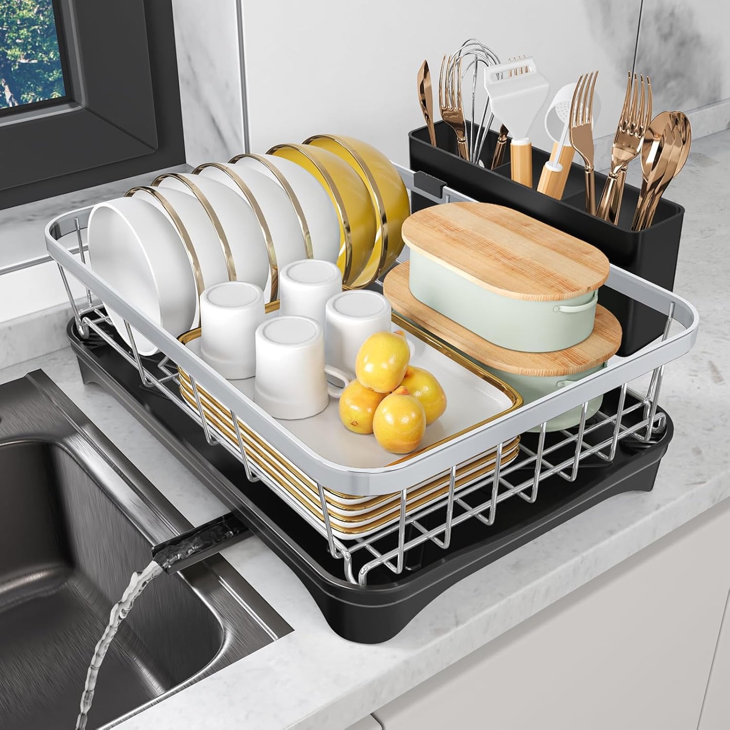 Dish Drying Rack - 304 Stainless Steel Dish Rack for Kitchen Counter with Utensil Holder & Cutlery Tray, Space Saving Countertop Organizer, Black