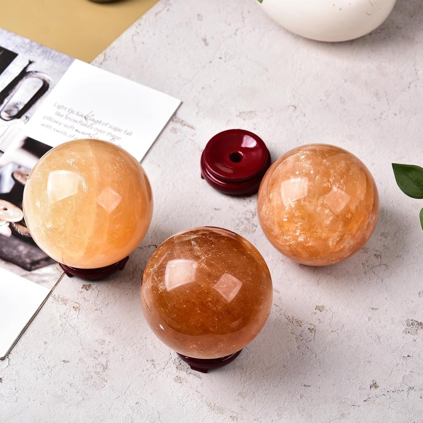 JIC Gem Stripe Orange Calcite Decorative Ball Healing Crystal Sphere with Wood Stand for Fengshui and Decoration (70-80mm)