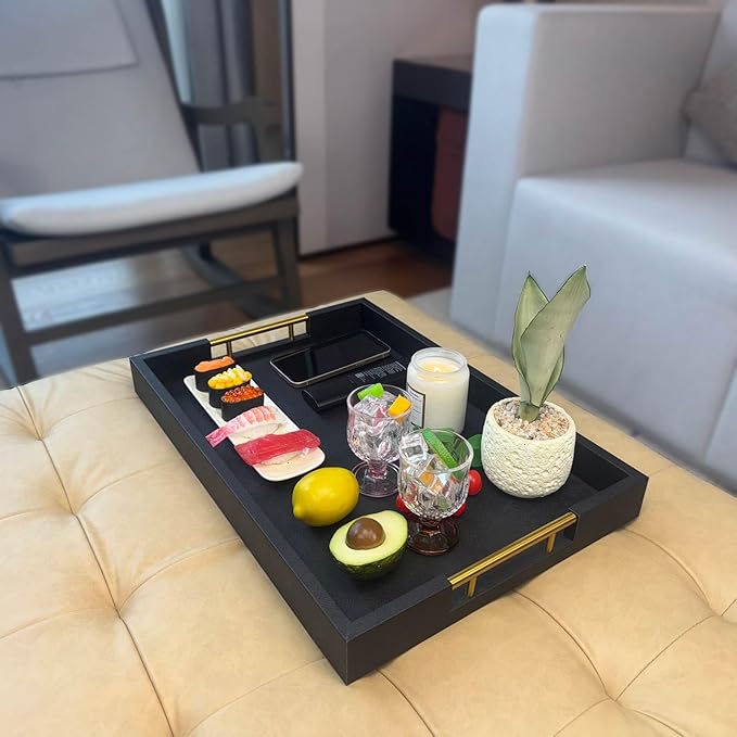 14x20 Inches Black Faux Leather Wrappen Wood Serving Tray with Metal Handles for Various Occasions, Ottoman, Home Decor Decorative, Living Room, Coffee Table Organizer, Serving Breakfast On Bed