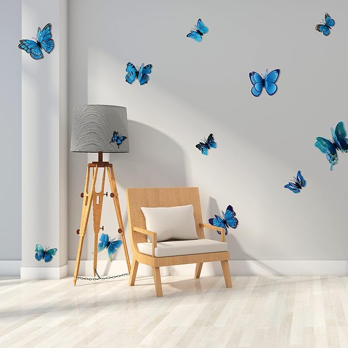 24PCS Butterfly Wall Decals Removable 3D Butterflies Decor for Wall Sticker Mural Stickers Home Decoration Kids Room Bedroom Decor (Double Layer-Blue/24PCS)