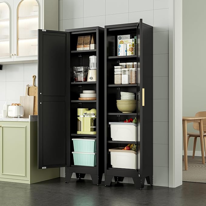 67''Farmhouse Metal Storage Cabinet with Barn Doors,Steel File Cabinet for Home Office,Kitchen Pantry 4 Adjustable Shelves,Freestanding Cupboard for Kitchen,HomeOffice (Black)