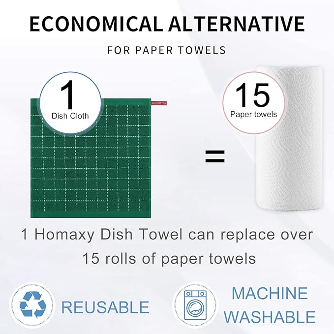 Homaxy 100% Cotton Terry Kitchen Dish Cloths, Ultra Soft and Absorbent Dish Towels for Kitchen, Perfect for Drying and Washing Dishes, 12 Pack, 12 x 12 Inches, Dark Green