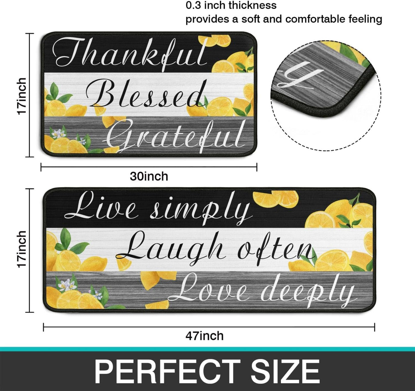 2 Pieces Lemon Kitchen Decor Rug Set, Washable Non-Slip Kitchen Sink Mats, Indoor Laundry Room Runner Area Carpet Farmhouse Style Decoration 17"x47"+17"x30"