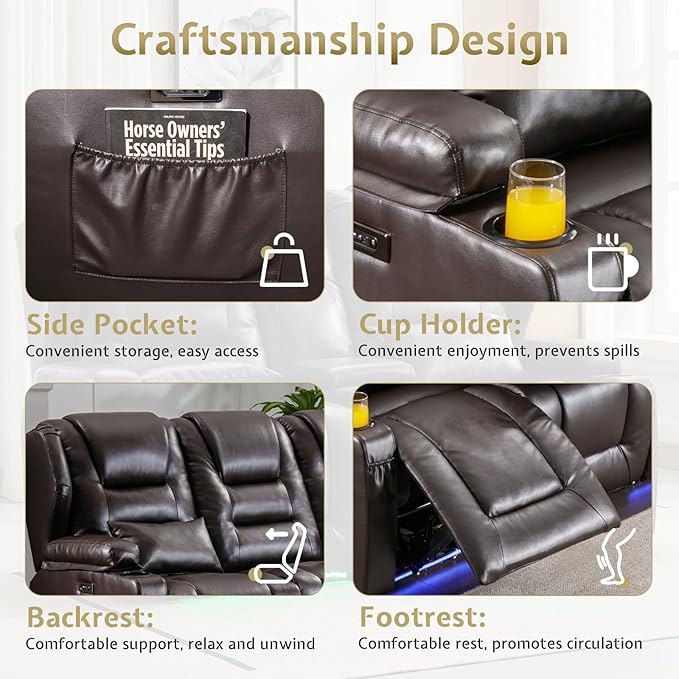 SAMERY Power Loveseat Recliner Sofa with Adjustable Split Back, Multi-Port Charger, Flip-Up Backrest & LED Lighting - Home Theater Seating with Storage, Cup Holders, Brown Faux Leather Loveseat