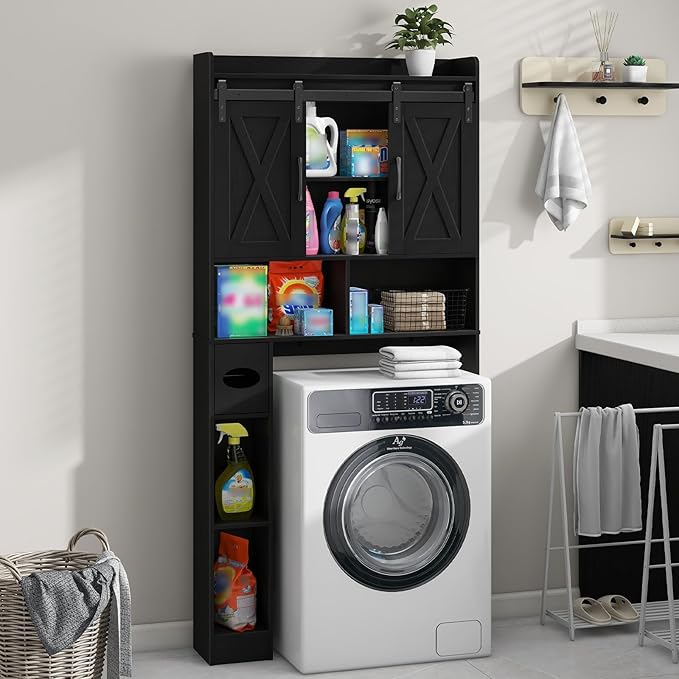 Over The Toilet Storage Cabinet, Farmhouse Storage Cabinet Over Toilet with Sliding Doors & Toilet Paper Holder Stand，Home Space-Saving Toilet Rack, for Bathroom, Laundry and Restroom.Black