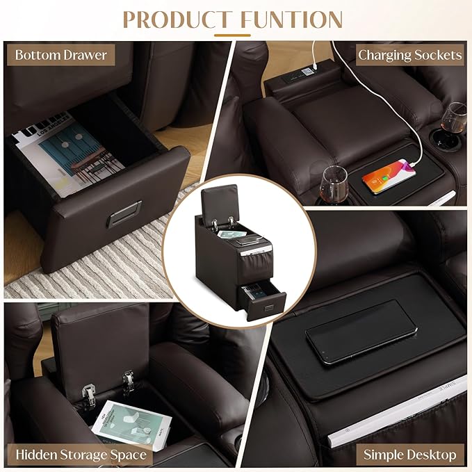 Wall Hugger Power Recliner Chair, Home Theater Seating Electric Recliing Sofa with Massage & Heat, Cup Holder, USB Port, LED Ambient Light, Storage for Living Room (Brown, Console Table Only)