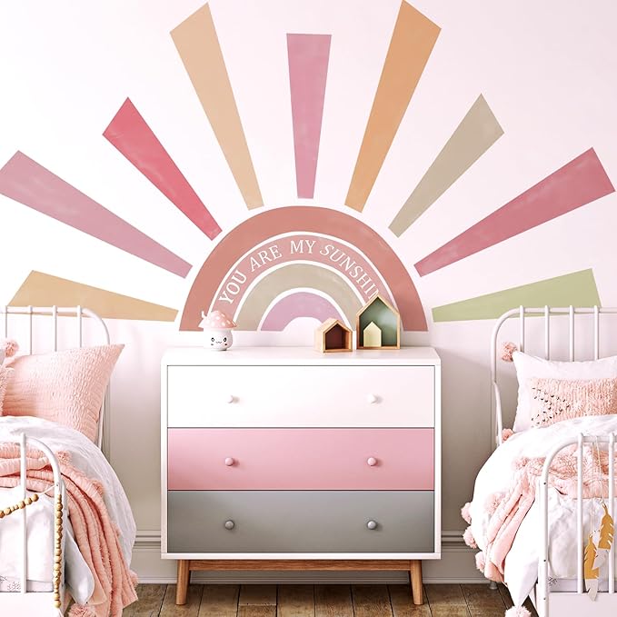 Large Rainbow Sun Wall Decals, Inspirational Peel and Stick Fabric Nursery Wall Decor, Removable Home Room Wall Decor Murals Stickers for Kids Girls Toddler Bedroom Living Room Playroom