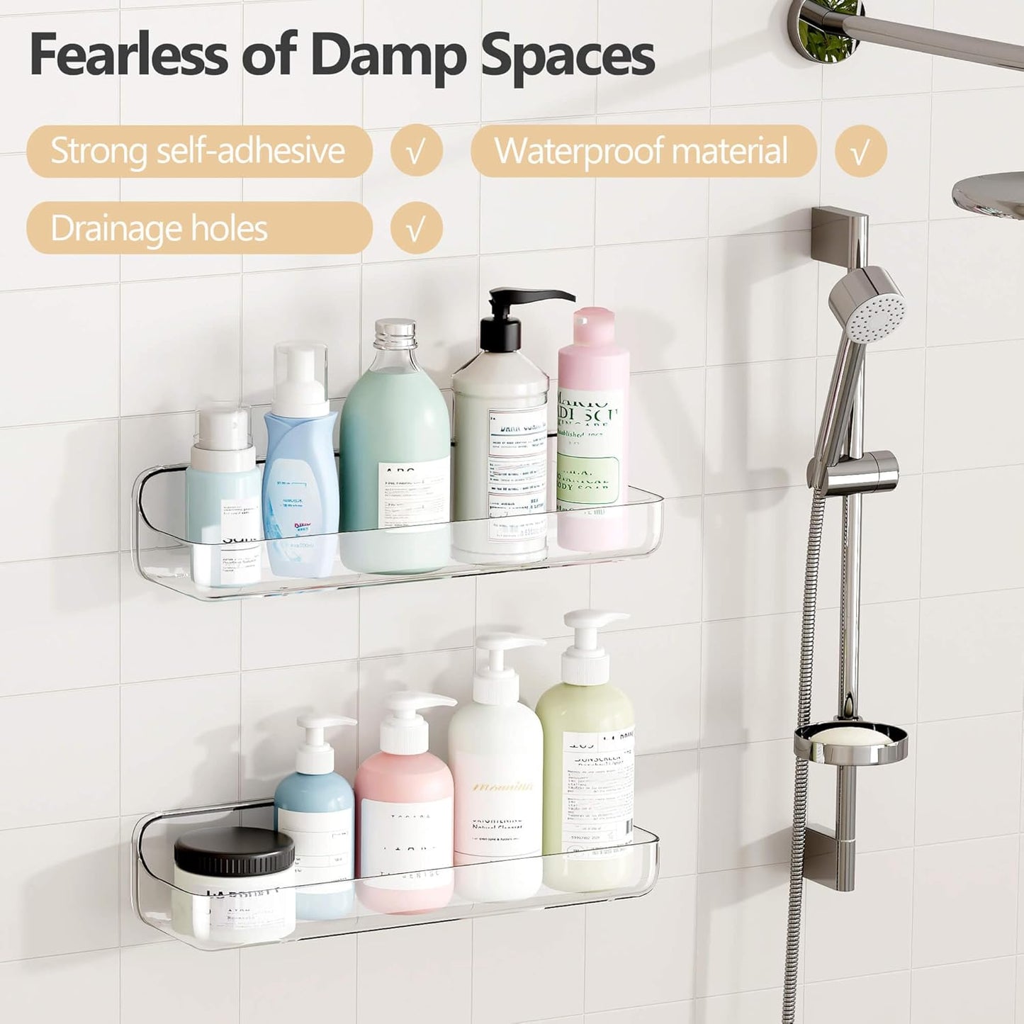 UDD Acrylic Shower Caddy Adhesive Shelf, 2pc Plastic Shower Organizer with Self Adhesive Tape, No Drilling Clear Wall Mount Shower Shelves for Bathroom Kitchen, Clear