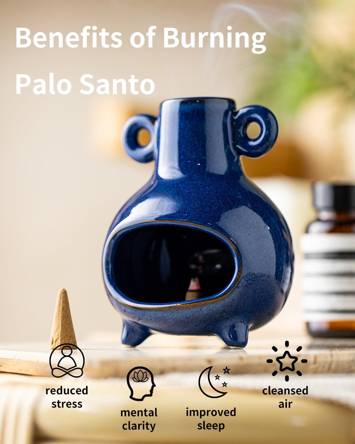 Handcrafted Palo Santo Holder, Incense Candle and Matchstick Mini Chiminea for Meditation Space, Wood Sticks and Bulk Incense, Blue