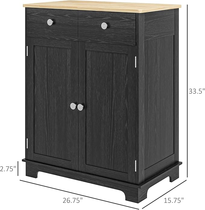 HOMCOM Sideboard with Solid Wood Countertop, Modern Kitchen Storage Cabinet, Coffee Bar Cabinet with 2 Drawers, Doors and Adjustable Shelf, Distressed Black