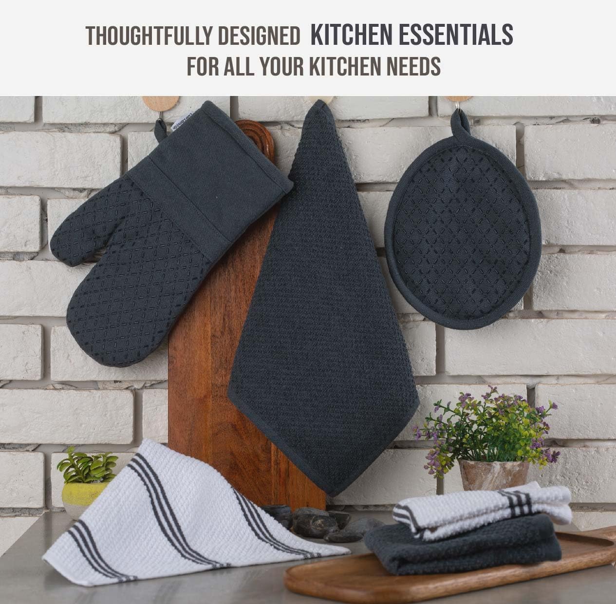 LANE LINEN Kitchen Towels and Dishcloths Sets - 16 Pc Kitchen Essentials for New Home, Heat Resistant Silicone Oven Mitts & Pot Holder, Absorbent Terry Hand Towels & Dish Towel - Grey