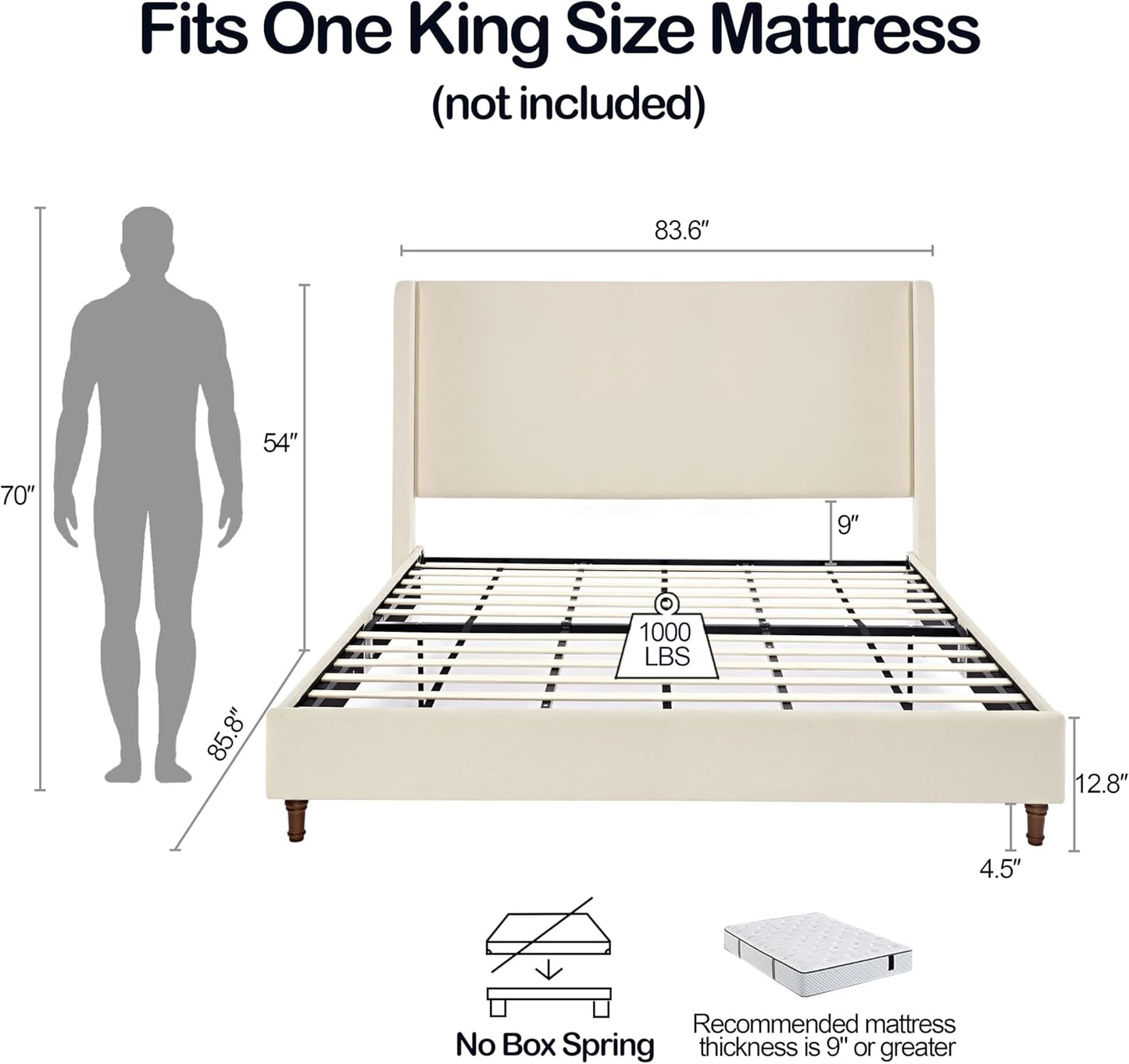 King 54" Tall Headboard Wingback Upholstered Platform Bed Frame Elegant Simplicity Boucle for Kids Teens Adults Bedroom Strong Wood Slats Support No Box Spring Needed Easy Assembly Ivory