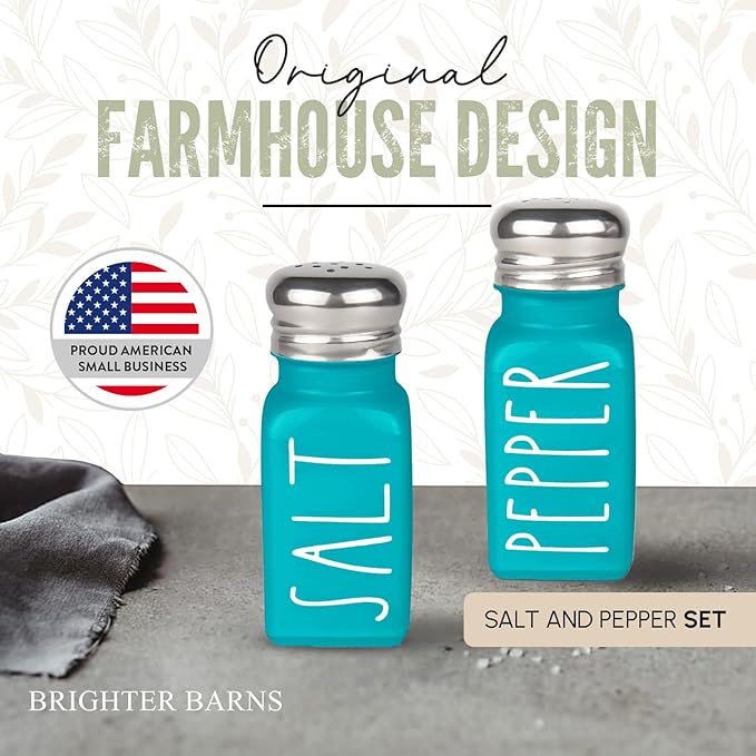 Teal Salt and Pepper Shakers Set by Brighter Barns - Turquoise Kitchen Decor & Turquoise Kitchen Accessories - Cute Modern Farmhouse Glass Shakers for Restaurants Wedding & Stainless Steel Lid (Teal)
