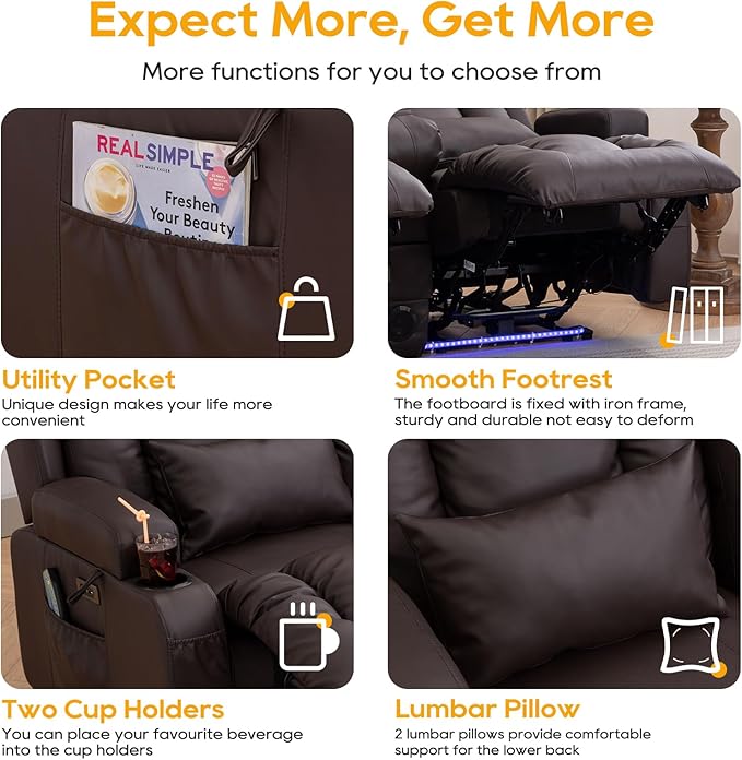 IPKIG 54" Power Loveseat Recliner Sofa, Electric Home Theater Seating with Massage Heat/4 Colors Ambient Lights/USB Port/Side Pocket/Cup Holder for Living Room, Bedroom, Home (Brown, 2 Seater)