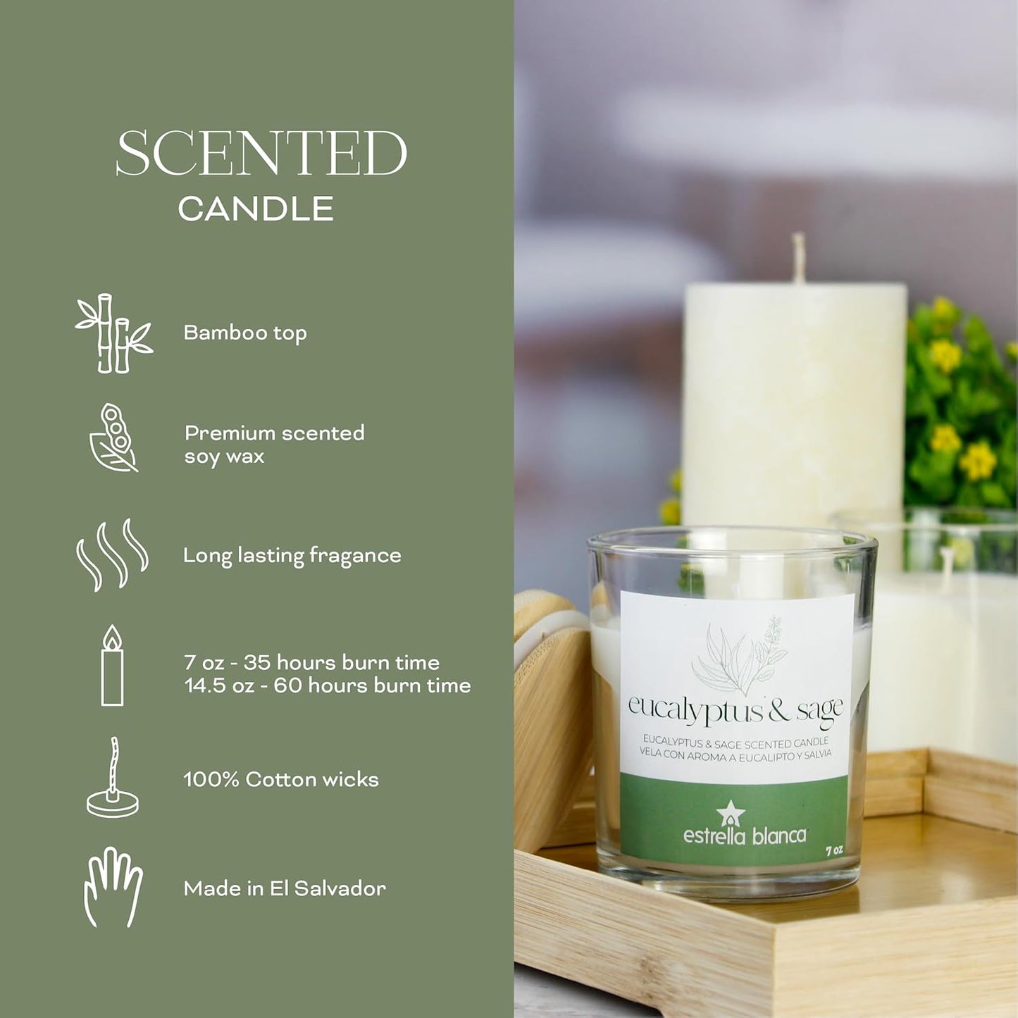 Eucalyptus Sage Scented Candles, 14.5 oz 3 Wick Candle, Large Jar, Long Lasting Burn, Fresh Herbal Aroma for Relaxation, Spa, Home Décor, Living Room, Bedroom, or Gift