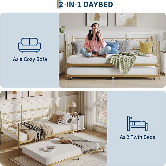 IDEALHOUSE Twin daybed with Trundle, Metal Twin Daybed and Trundle Set, Day Bed Sofa Bed Frame with Steel Slat Support, Multifunctional Daybed Frame for Bedroom (Gold Sets)